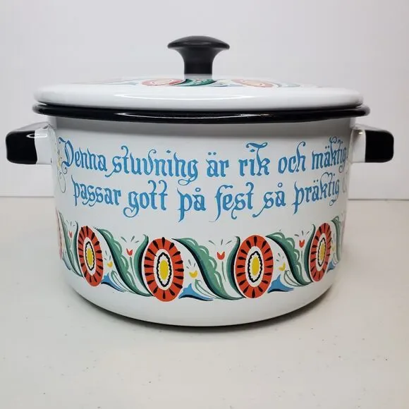 Berggren Vintage Swedish Folk Art Enamelware Pot with Lid - Picture 6 of 14